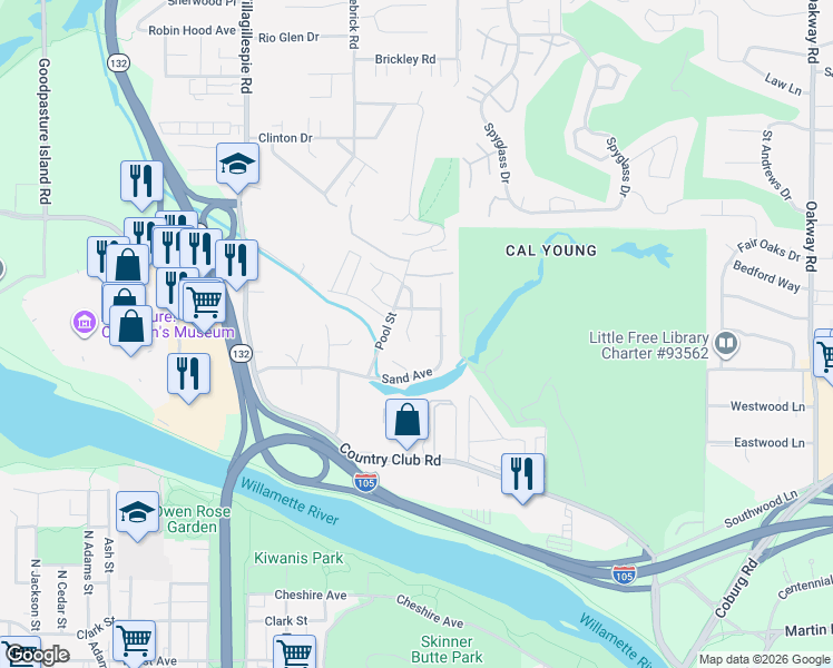 map of restaurants, bars, coffee shops, grocery stores, and more near 1312 Trap Lane in Eugene