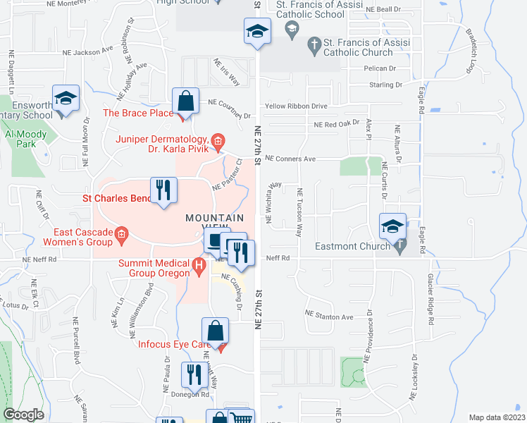 map of restaurants, bars, coffee shops, grocery stores, and more near 1803 Northeast Wichita Way in Bend