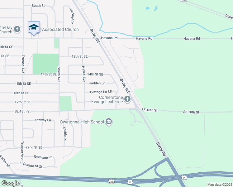map of restaurants, bars, coffee shops, grocery stores, and more near Cornerstone Lane in Owatonna