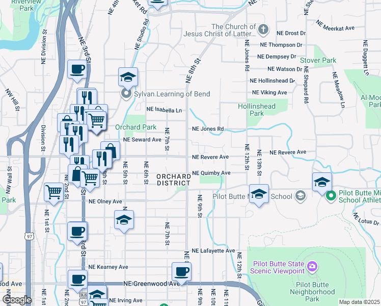 map of restaurants, bars, coffee shops, grocery stores, and more near 820 Northeast Revere Avenue in Bend