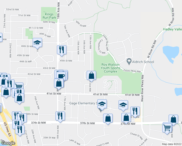 map of restaurants, bars, coffee shops, grocery stores, and more near 4320 13th Avenue Northwest in Rochester