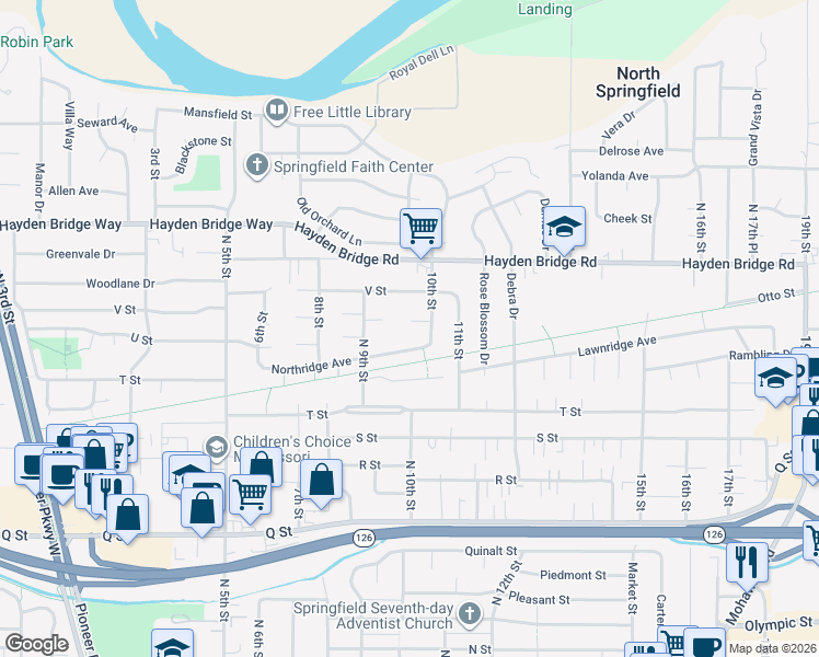 map of restaurants, bars, coffee shops, grocery stores, and more near 2346 10th Street in Springfield