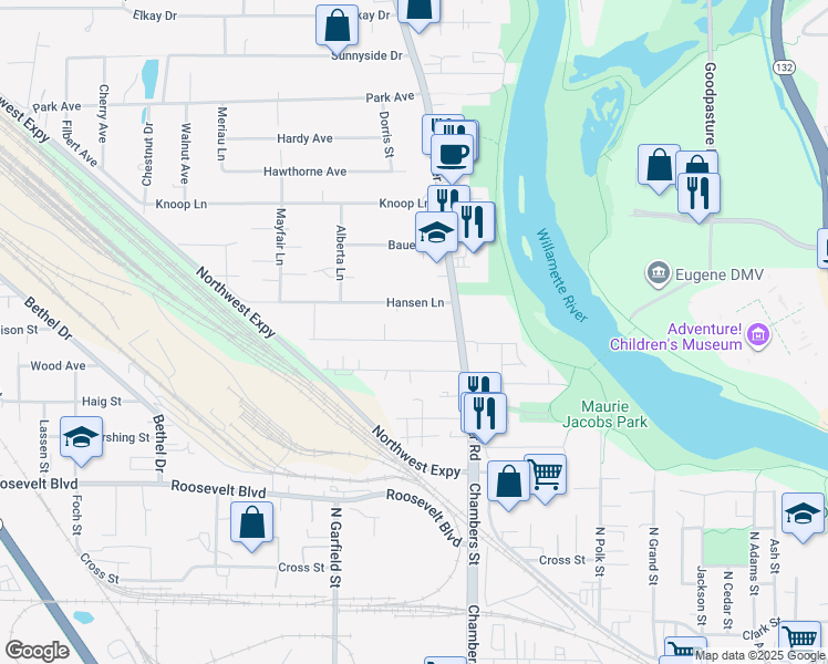 map of restaurants, bars, coffee shops, grocery stores, and more near 112 Hansen Lane in Eugene