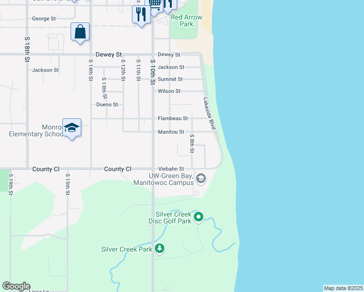map of restaurants, bars, coffee shops, grocery stores, and more near 827 Manitou Street in Manitowoc