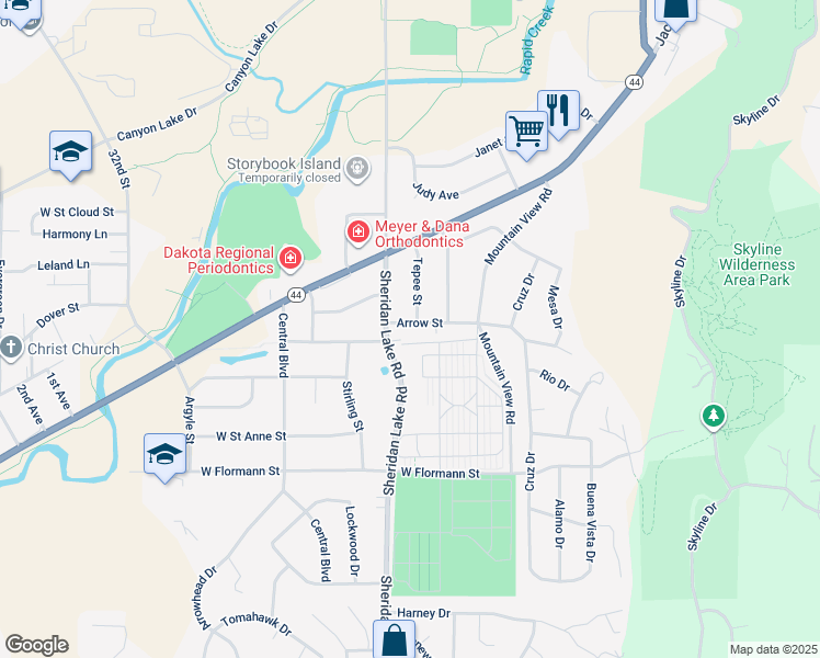 map of restaurants, bars, coffee shops, grocery stores, and more near 2505 Arrow Street in Rapid City