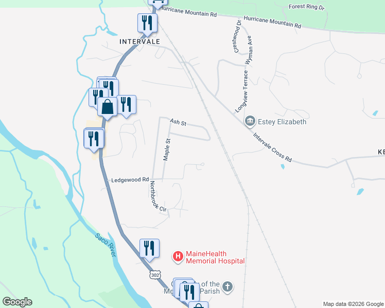 map of restaurants, bars, coffee shops, grocery stores, and more near 290 Ash Street in Conway
