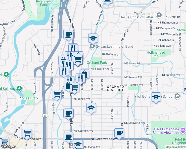 map of restaurants, bars, coffee shops, grocery stores, and more near 477 Northeast Seward Avenue in Bend