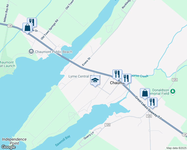 map of restaurants, bars, coffee shops, grocery stores, and more near Church Street in Chaumont