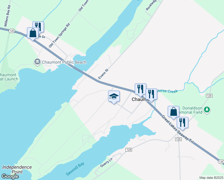 map of restaurants, bars, coffee shops, grocery stores, and more near Church Street in Chaumont