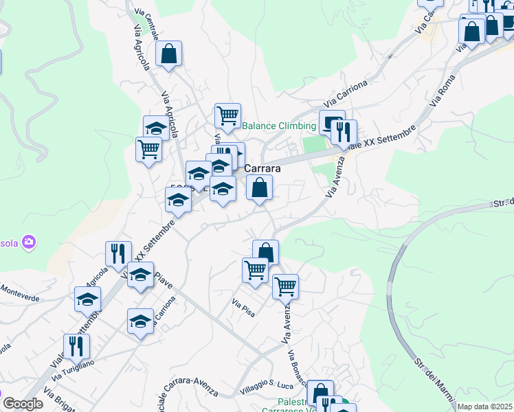 map of restaurants, bars, coffee shops, grocery stores, and more near 11 Via Milazzo in Carrara