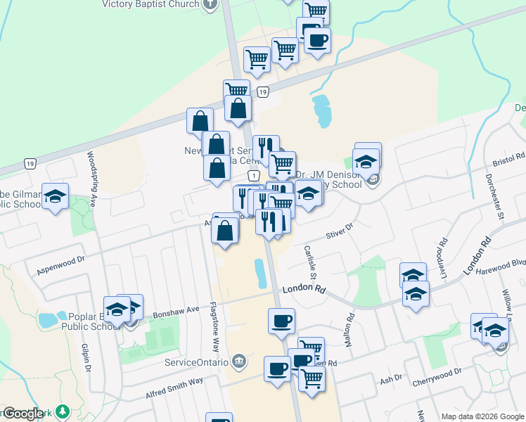 map of restaurants, bars, coffee shops, grocery stores, and more near Yonge St & Aspenwood Dr in Newmarket