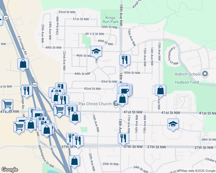 map of restaurants, bars, coffee shops, grocery stores, and more near 1920 43rd Street Northwest in Rochester