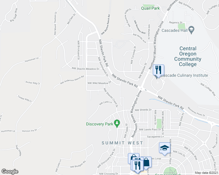 map of restaurants, bars, coffee shops, grocery stores, and more near 2031 Meadow Court in Bend