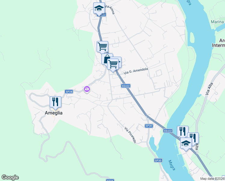 map of restaurants, bars, coffee shops, grocery stores, and more near 43 Via Pisanello in Ameglia