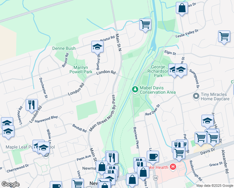 map of restaurants, bars, coffee shops, grocery stores, and more near 281 Main Street North in Brampton