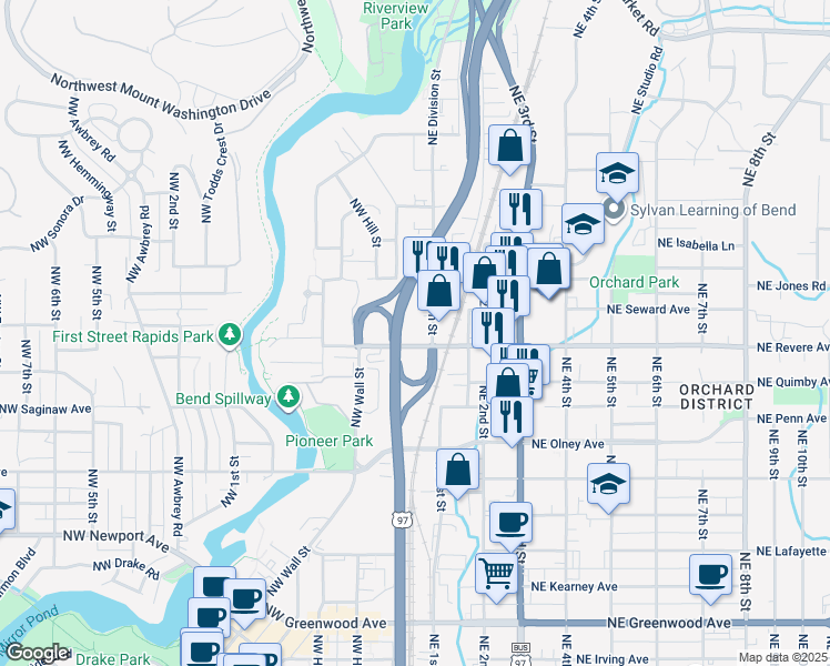 map of restaurants, bars, coffee shops, grocery stores, and more near 1875 Northeast Division Street in Bend