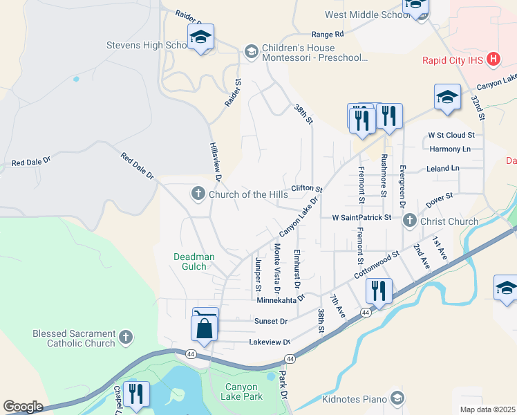 map of restaurants, bars, coffee shops, grocery stores, and more near 3936 Yucca Drive in Rapid City