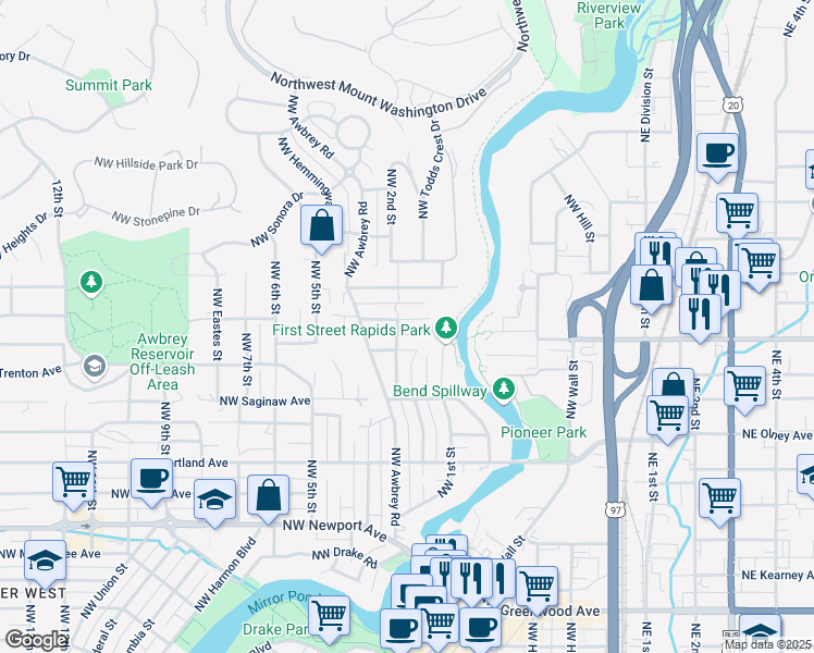 map of restaurants, bars, coffee shops, grocery stores, and more near 168 Northwest Vicksburg Avenue in Bend