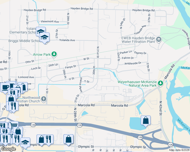 map of restaurants, bars, coffee shops, grocery stores, and more near 2335 31st Street in Springfield