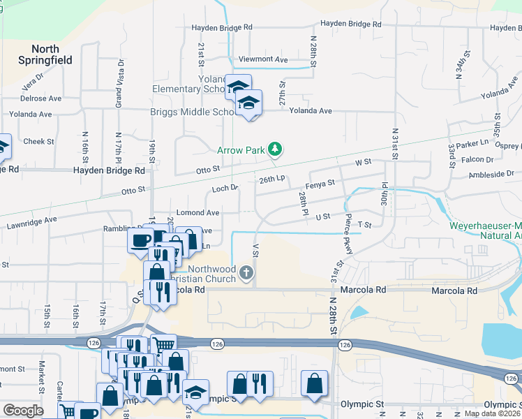 map of restaurants, bars, coffee shops, grocery stores, and more near 2340 Loch Drive in Springfield