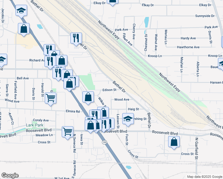 map of restaurants, bars, coffee shops, grocery stores, and more near 2622 Bell Avenue in Eugene