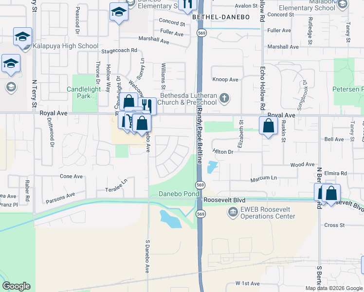 map of restaurants, bars, coffee shops, grocery stores, and more near 555 North Danebo Avenue in Eugene