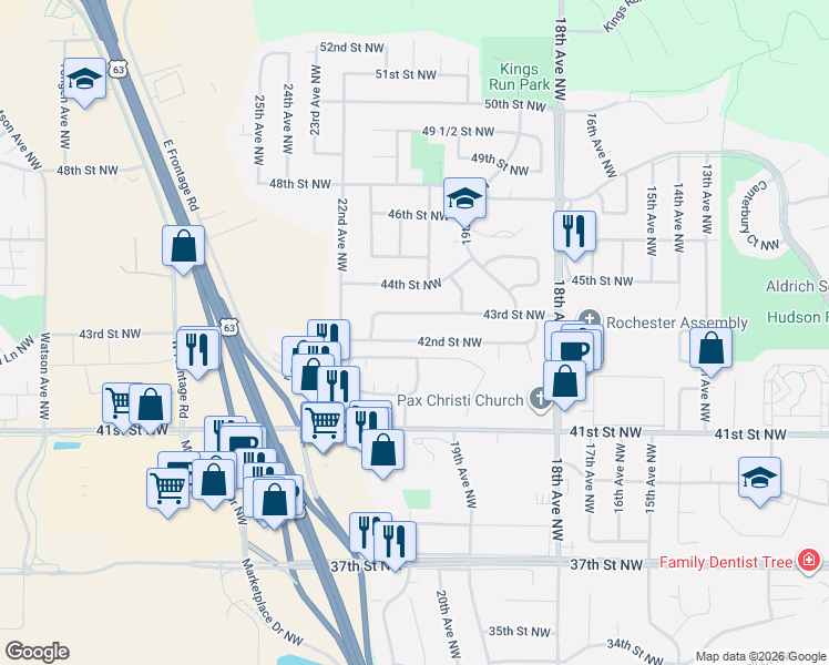 map of restaurants, bars, coffee shops, grocery stores, and more near 2046 43rd Street Northwest in Rochester