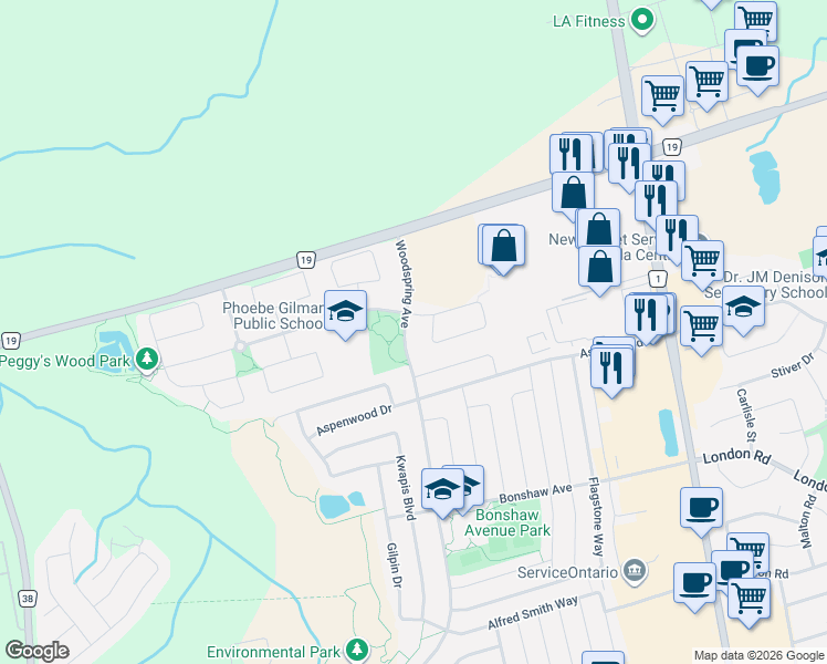 map of restaurants, bars, coffee shops, grocery stores, and more near 516 Woodspring Avenue in East Gwillimbury