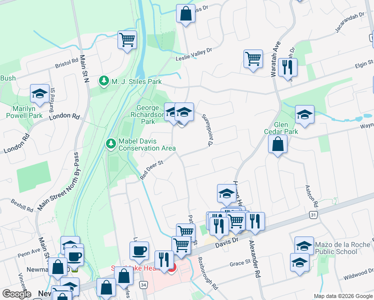 map of restaurants, bars, coffee shops, grocery stores, and more near 701 Sunnypoint Drive in Newmarket