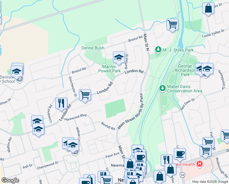 map of restaurants, bars, coffee shops, grocery stores, and more near 430 Dover Crescent in Newmarket
