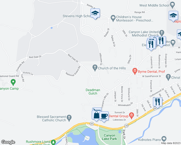 map of restaurants, bars, coffee shops, grocery stores, and more near 1826 Red Dale Drive in Rapid City