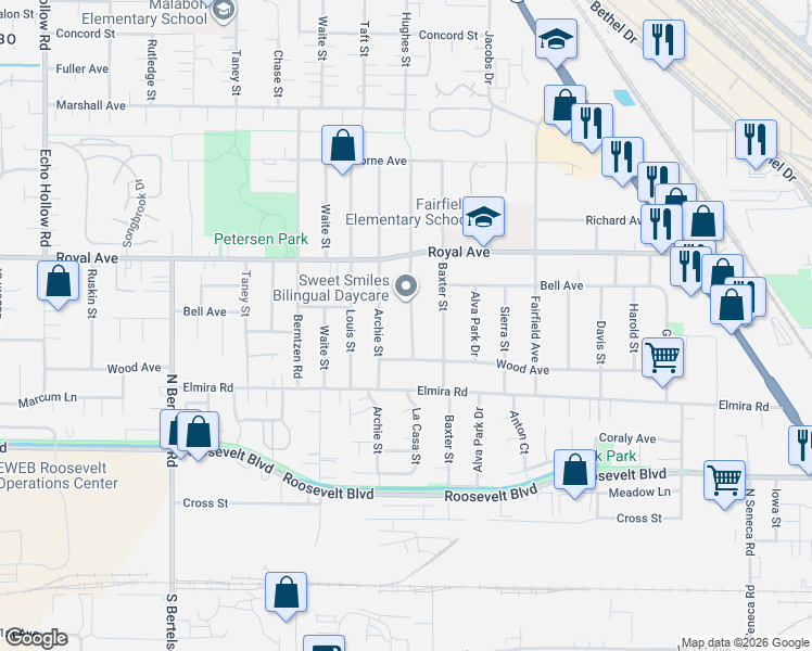 map of restaurants, bars, coffee shops, grocery stores, and more near 620 Hughes Street in Eugene