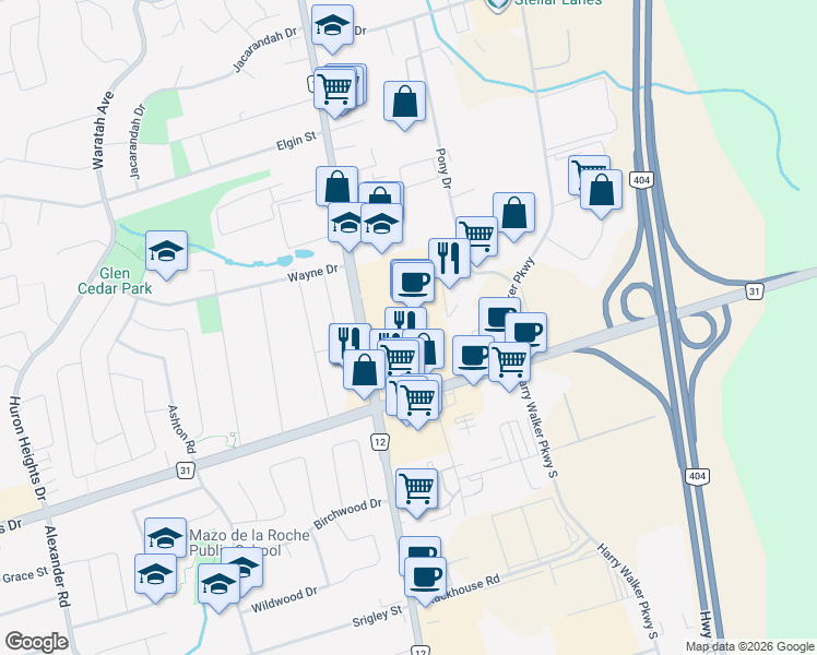 map of restaurants, bars, coffee shops, grocery stores, and more near 1111 Davis Drive in Newmarket