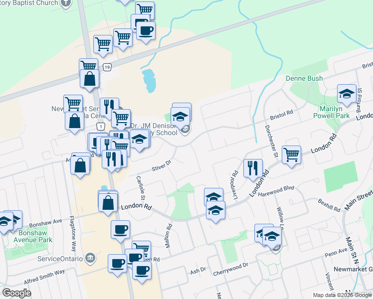 map of restaurants, bars, coffee shops, grocery stores, and more near 136 Bristol Road in Newmarket