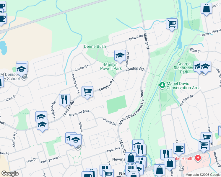map of restaurants, bars, coffee shops, grocery stores, and more near Selby Crescent in Newmarket