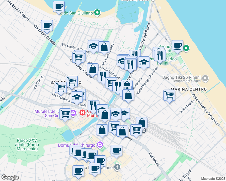 map of restaurants, bars, coffee shops, grocery stores, and more near in Rimini