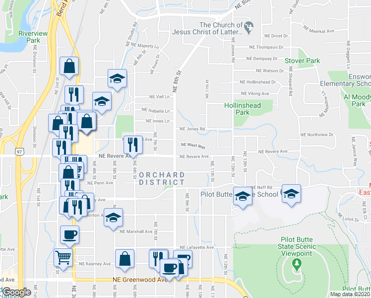 map of restaurants, bars, coffee shops, grocery stores, and more near 1800 Northeast Maker Way in Bend