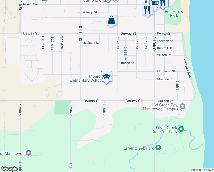 map of restaurants, bars, coffee shops, grocery stores, and more near 2502 South 14th Street in Manitowoc