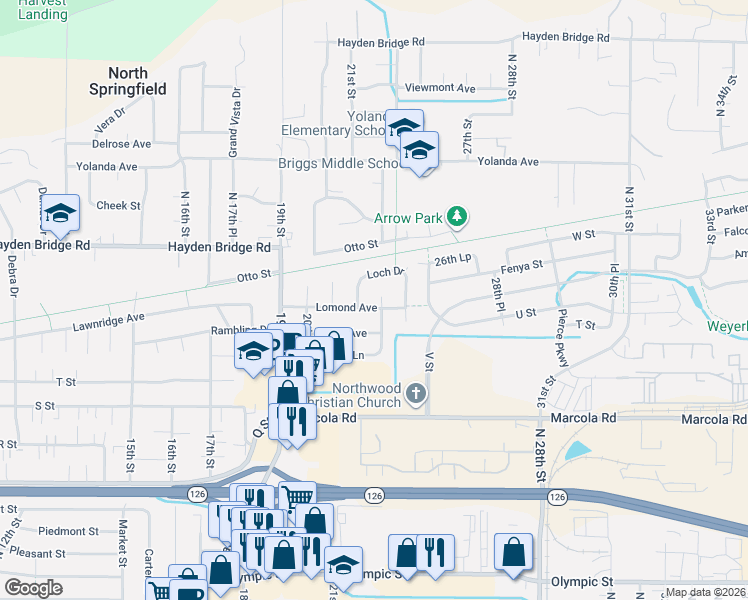 map of restaurants, bars, coffee shops, grocery stores, and more near 2152 Lomond Avenue in Springfield