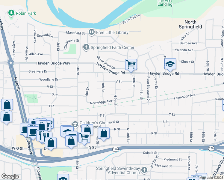 map of restaurants, bars, coffee shops, grocery stores, and more near 2324 9th Street in Springfield