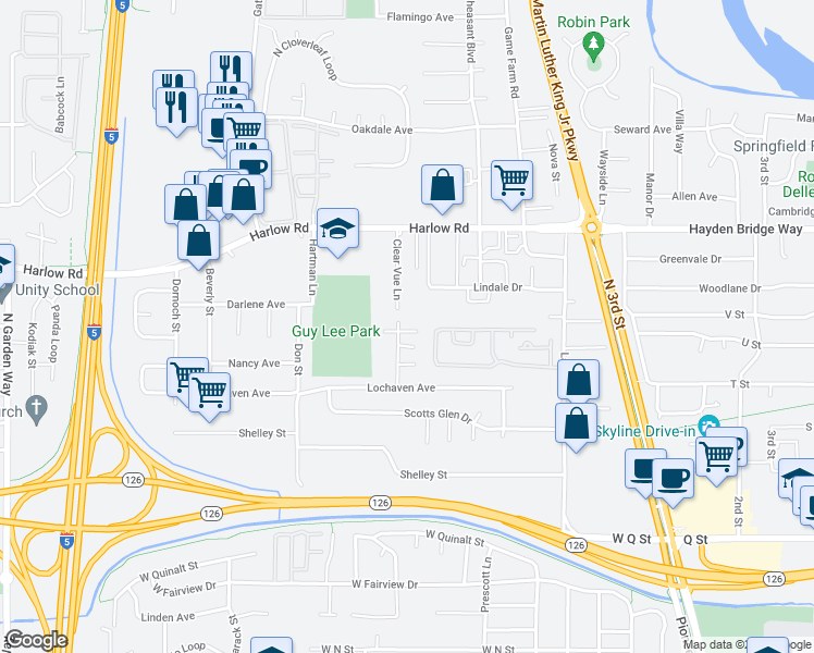 map of restaurants, bars, coffee shops, grocery stores, and more near 2385 Clear Vue Lane in Springfield