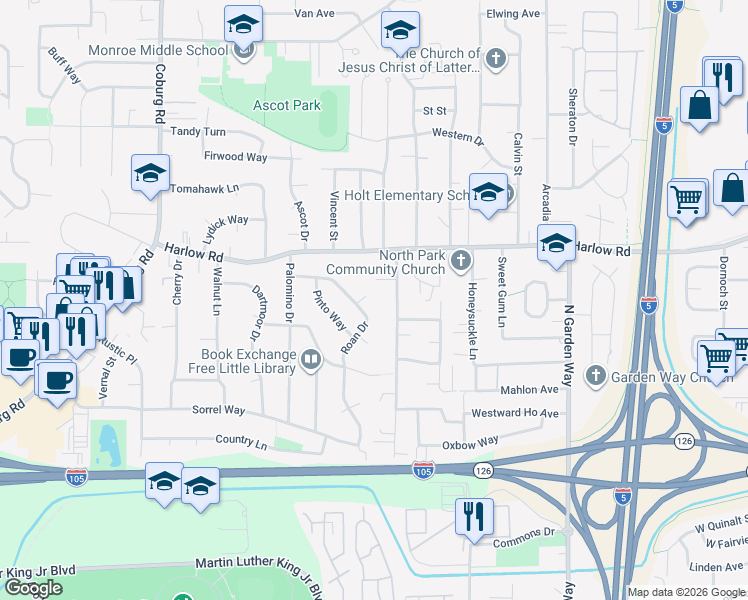 map of restaurants, bars, coffee shops, grocery stores, and more near 554 Sunshine Acres Drive in Eugene
