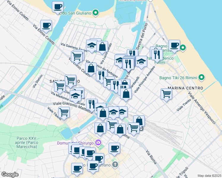 map of restaurants, bars, coffee shops, grocery stores, and more near in Rimini