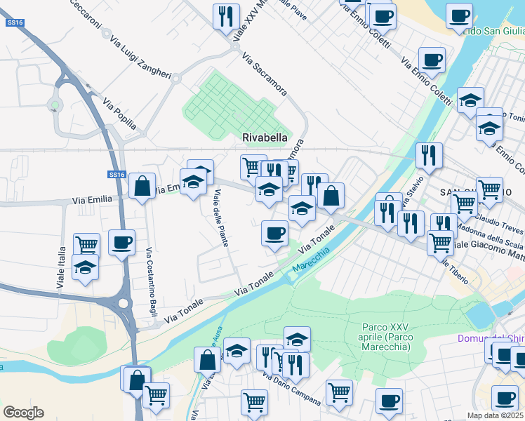map of restaurants, bars, coffee shops, grocery stores, and more near 27 Via Redipuglia in Rivabella