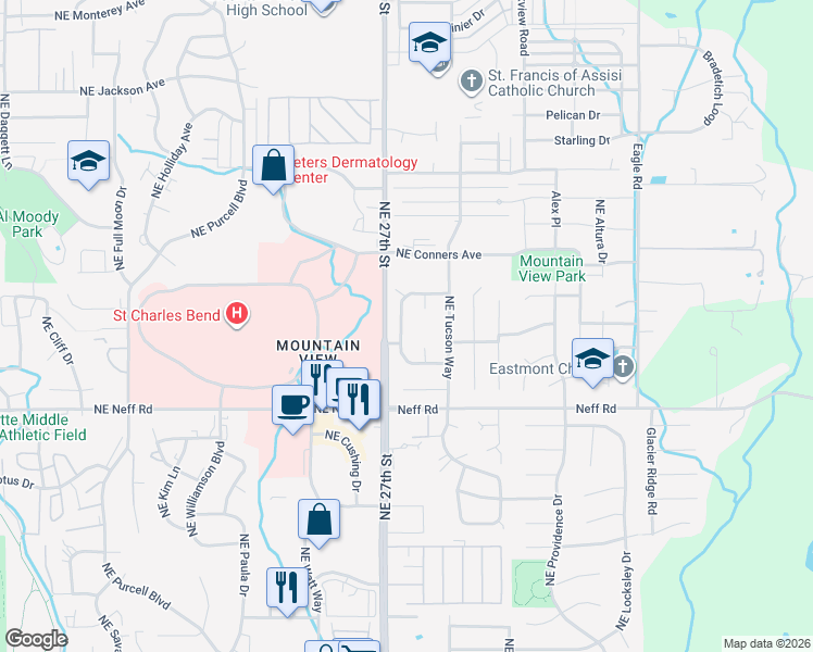 map of restaurants, bars, coffee shops, grocery stores, and more near 1818 Northeast Wichita Way in Bend