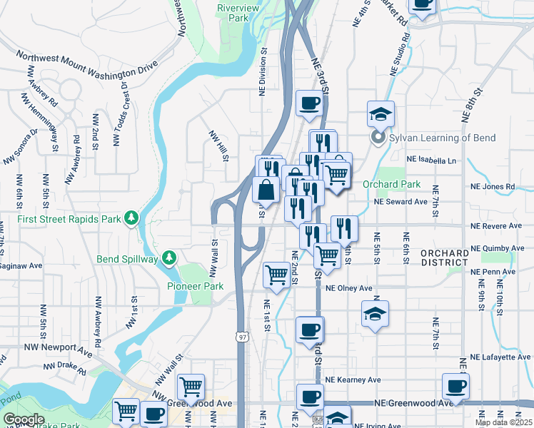 map of restaurants, bars, coffee shops, grocery stores, and more near 1841 Northeast Lytle Street in Bend