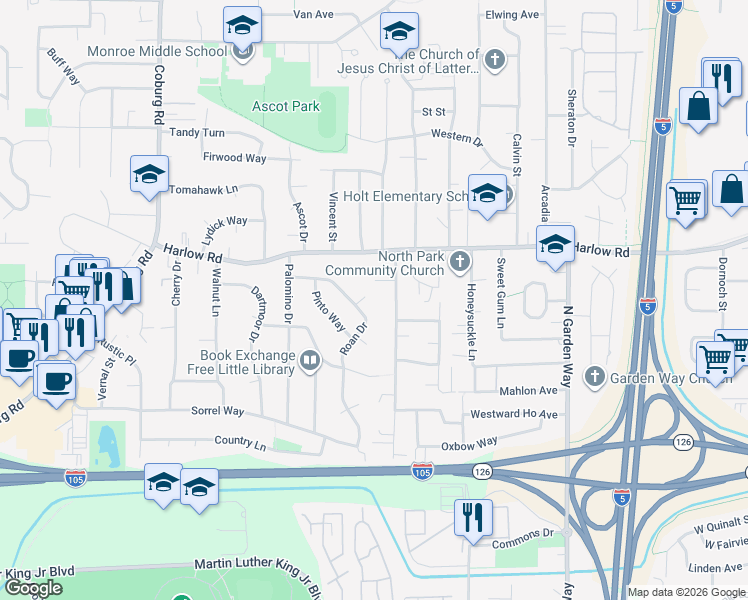 map of restaurants, bars, coffee shops, grocery stores, and more near 554 Sunshine Acres Drive in Eugene