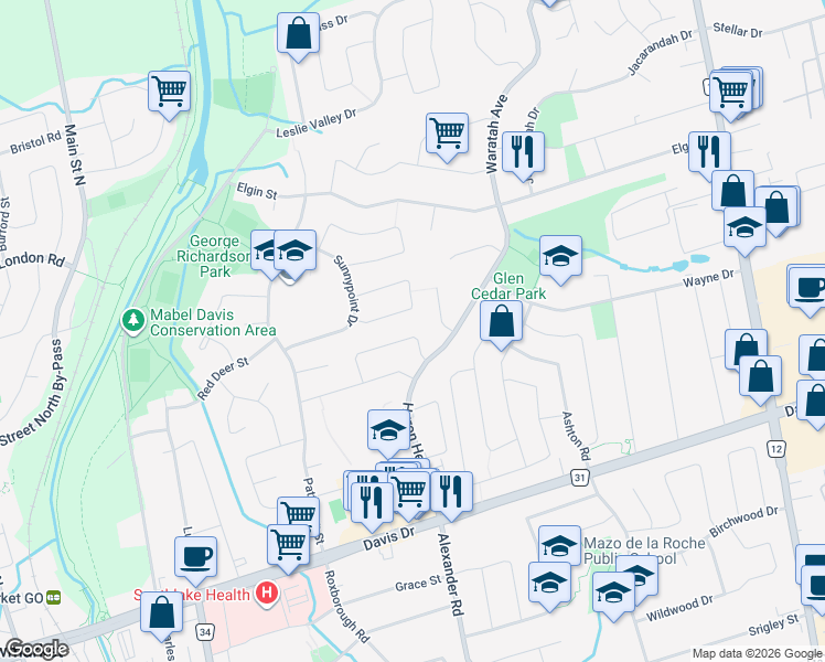 map of restaurants, bars, coffee shops, grocery stores, and more near 789 Pam Crescent in Newmarket