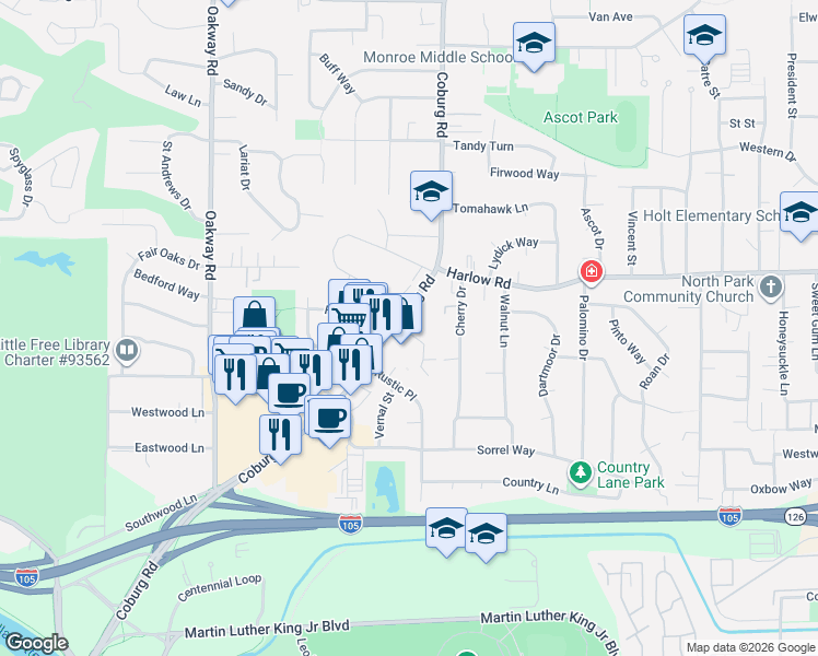map of restaurants, bars, coffee shops, grocery stores, and more near 555 Coburg Road in Eugene