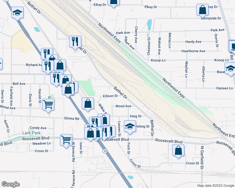 map of restaurants, bars, coffee shops, grocery stores, and more near 2571 Edison Street in Eugene